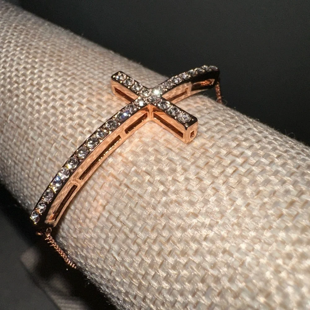 Rose Gold colored CZ cross bracelet by Joan Boyce - Picture 1 of 8